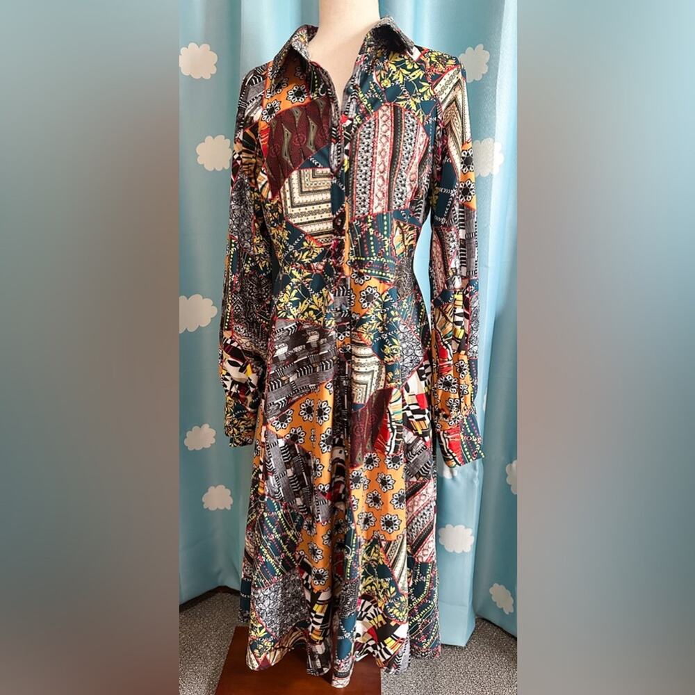 patchwork print maxi long sleeve dress- M - Picture 2 of 7
